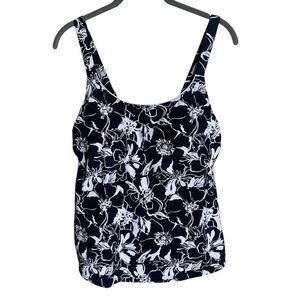LANDS END Swim Tankini Top Womens Size 10 Floral Black White Padded Modest Sun
